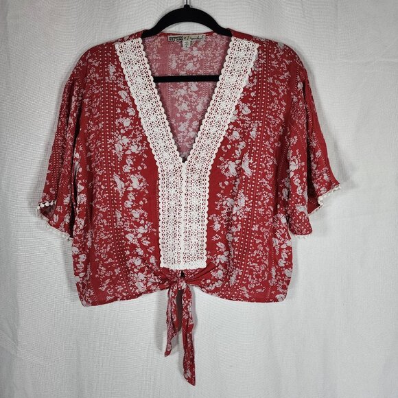 Gypsies & Moondust Lace Trim Floral Print Tie Hem Short Sleeve Top Womens M - Picture 1 of 8